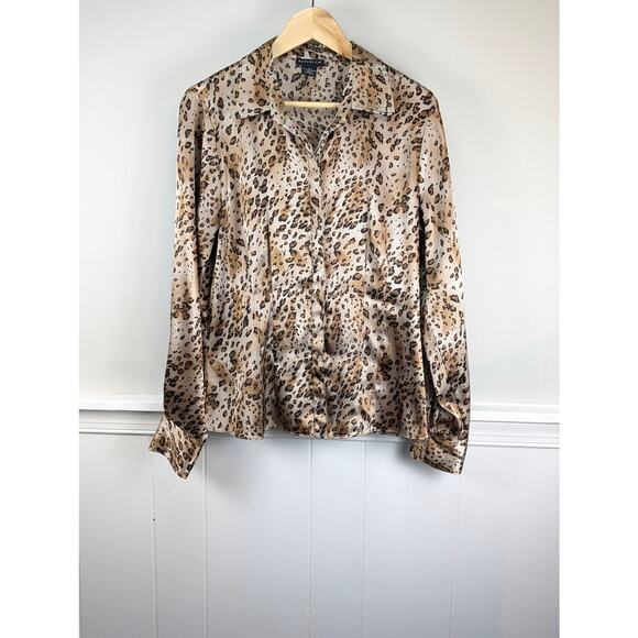 Rafaella Women's Button Down Long Sleeved Leopard Print Satin Blouse, Size 12 - Picture 1 of 9